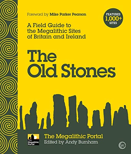 Book cover for The Old Stones with yellow background, spiral border, and megalithic stone silhouette.