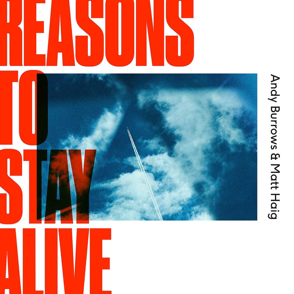 "Album cover with 'Reasons to Stay Alive' in red text and cloudy sky image."