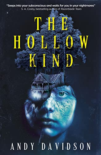 Book cover: dark forest, house, eye, and fractured face imagery.