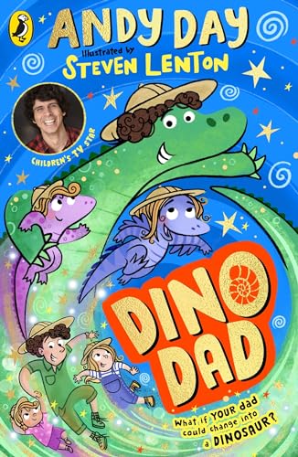 Book cover: cartoon dinosaurs and children with a smiling man.