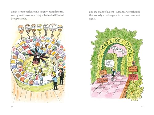 Colour illustration of a robot ice cream parlour and a leafy maze.