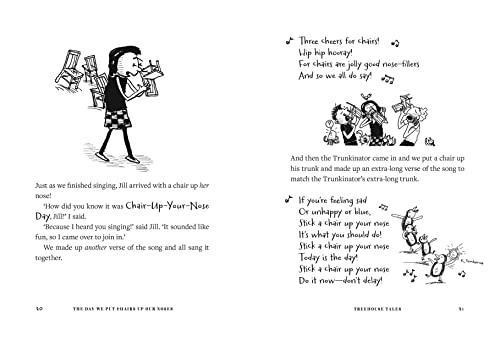 Black and white illustration of a quirky character with chairs on their nose.