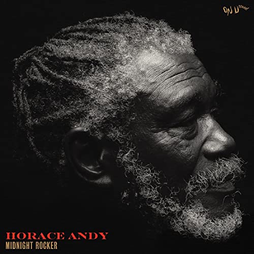 Black and white portrait of Horace Andy with dreadlocks, album cover.