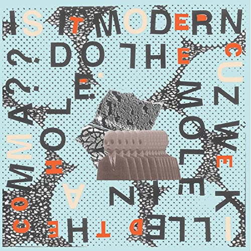Record cover: abstract collage with text, a snake, and dotted blue background.