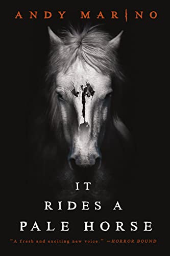 Book cover featuring a pale horse with a damaged face, dark background.