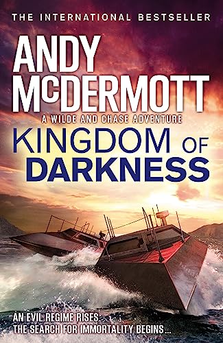 Book cover: "Kingdom of Darkness" by Andy McDermott, featuring a speedboat.