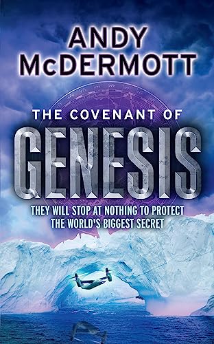 Book cover: "The Covenant of Genesis" with icy landscape and helicopters.
