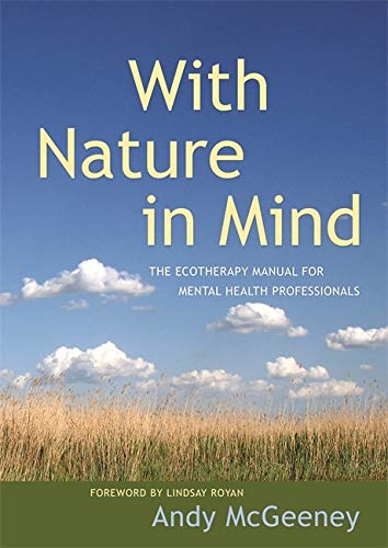 Book cover with blue sky, clouds, and golden field; title "With Nature in Mind".