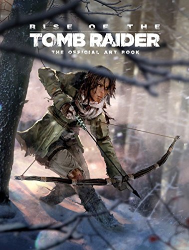 Lara Croft holding a bow in a snowy forest on the art book cover.