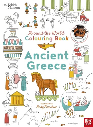 Colouring book cover depicting Ancient Greek scenes, pottery, and figures.
