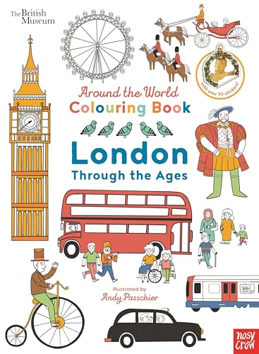 Colouring book cover depicting London landmarks through history, illustrated style.