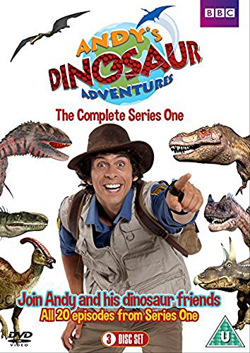 DVD cover for Andy's Dinosaur Adventures featuring Andy surrounded by various dinosaurs.