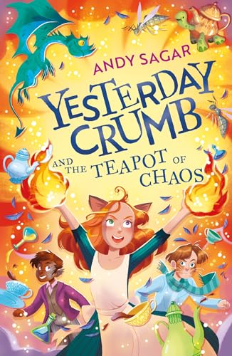 Book cover with a girl, dragon, and magical objects in bright colors.