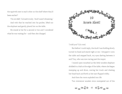 Open book page with illustrated wreath and text about a wooden elephant.