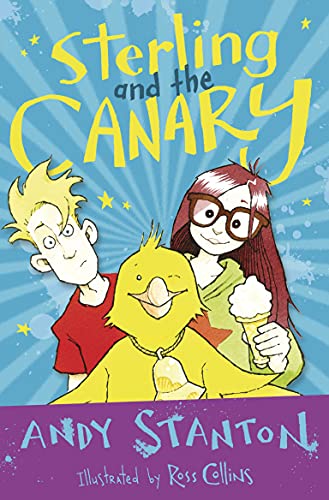 Book cover: boy, girl, and yellow canary against a blue, starburst background.