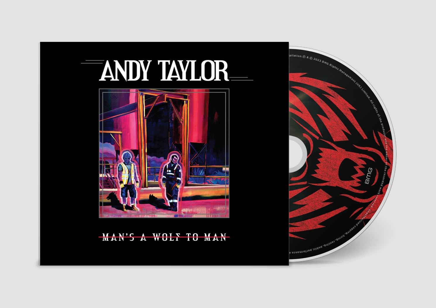 "CD case with black cover and red wolf design on the disc inside."