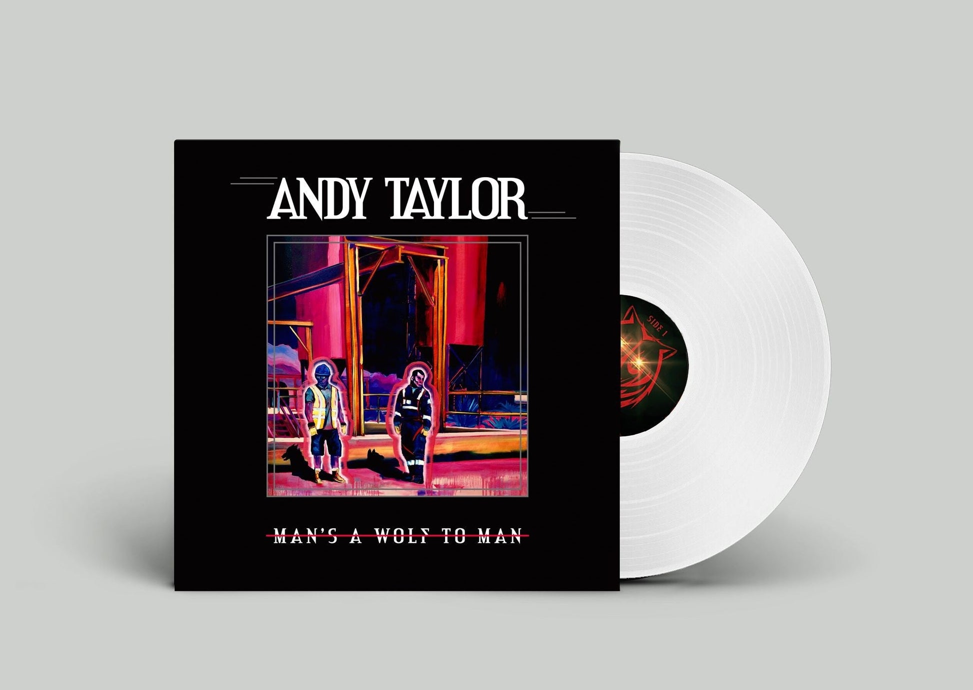 "White vinyl record with black cover featuring Andy Taylor's album artwork."