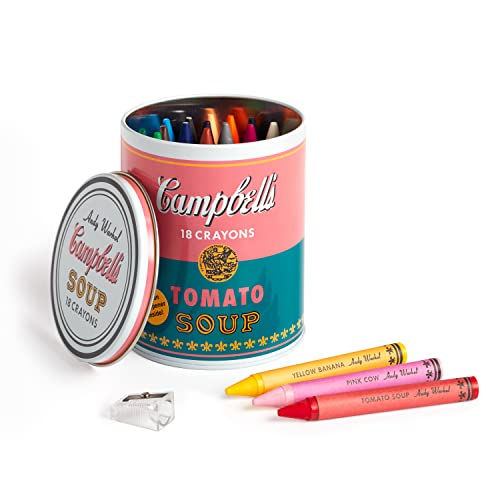 Soup can shaped tin filled with crayons and a small sharpener.