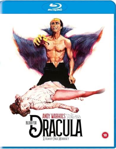 Blu-ray cover for "Andy Warhol's Blood for Dracula" featuring a vampire and victim.