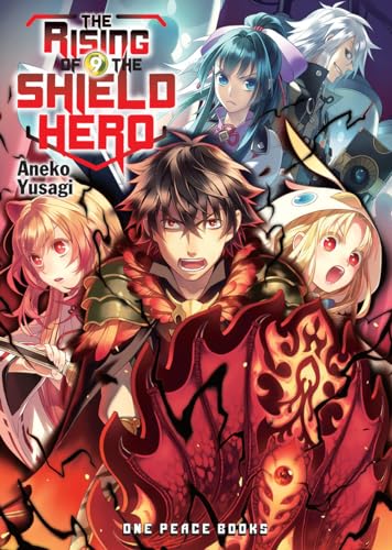 Anime-style cover art featuring four characters and a large, glowing red shield.