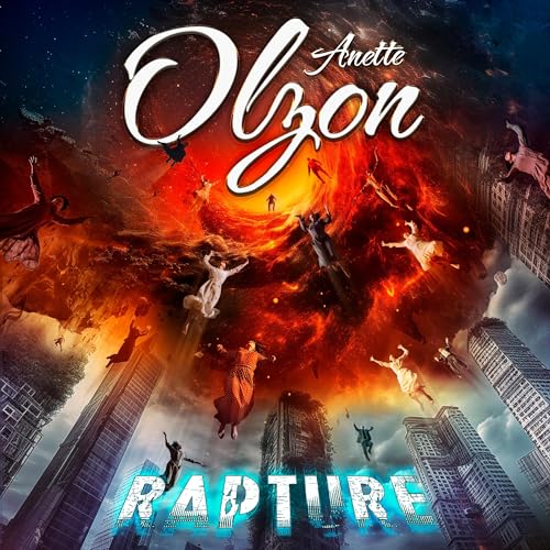 People floating toward a fiery vortex above a ruined city on Anette Olzon album cover.