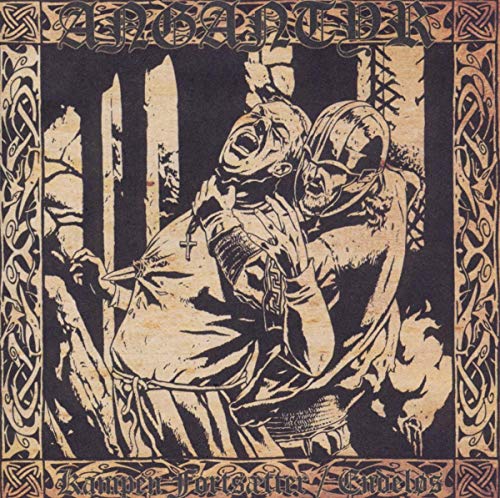 Black and white album cover depicting two armored figures with swords.