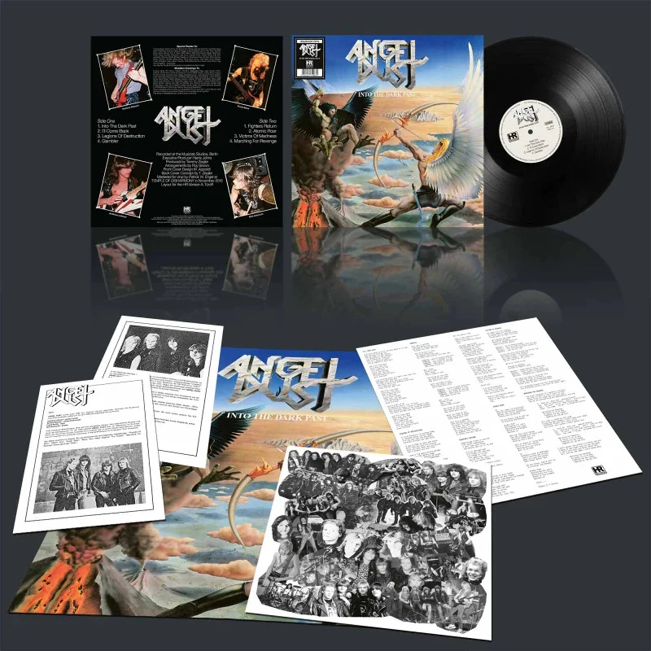 Vinyl record “Angel Dust - Into The Dark Past” with album artwork and inserts.