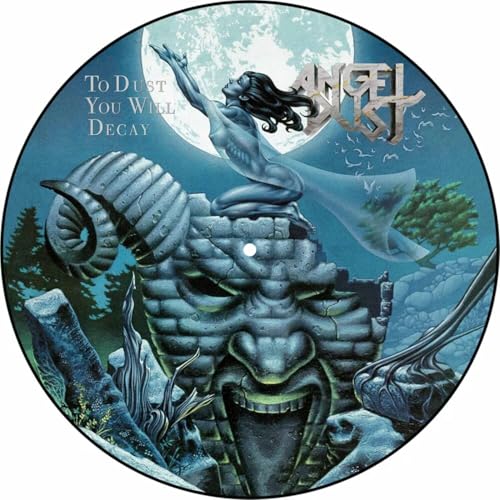 Angel Dust picture disc vinyl featuring a woman kneeling on a stone face sculpture.