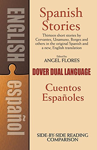 Dual-language book cover: "Spanish Stories" with English and Spanish text.