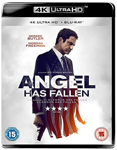 “Angel Has Fallen” Blu-ray cover featuring Gerard Butler and American flag imagery.