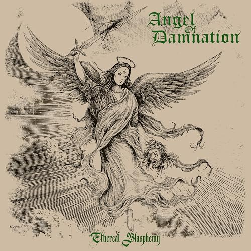 Line drawing of a winged angel holding a sword and a severed head.