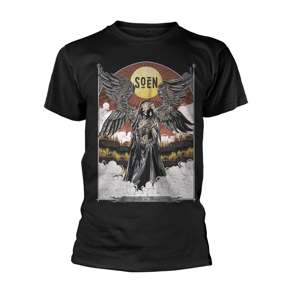 Black t-shirt with a graphic of a winged, skeletal figure and sun.