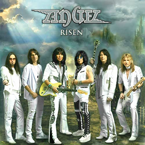 Album cover for Angel's "Risen" featuring a band portrait with fantasy background.