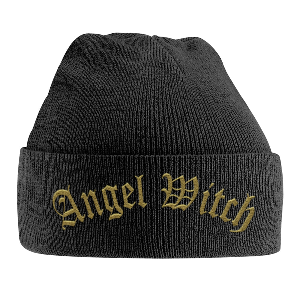 Black knit ski hat with gold "Angel Witch" logo embroidery.