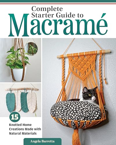 Macrame book cover with plant hangers, a cat hammock, and wall hangings.