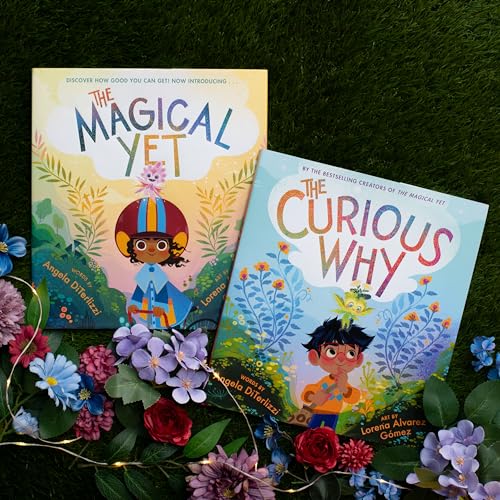 Two illustrated children’s books, “The Magical Yet” and “The Curious Why,” with floral arrangement.