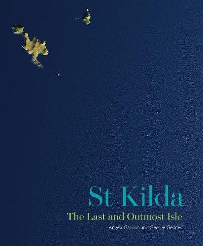 Aerial view of St Kilda islands and book cover text.