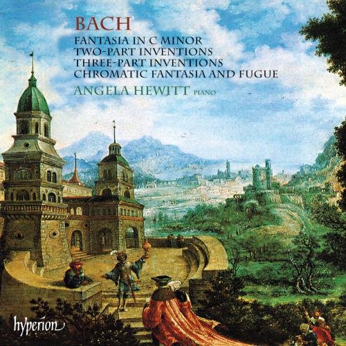 CD cover for Angela Hewitt’s Bach recording with a baroque cityscape.