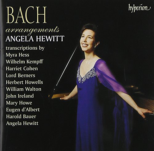 CD cover featuring pianist Angela Hewitt in a blue gown at a piano.