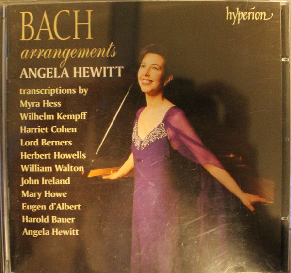 Album cover for Angela Hewitt’s “Bach Arrangements” featuring a portrait of Hewitt.