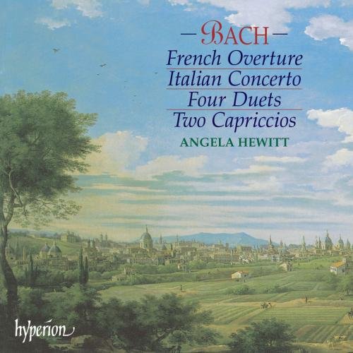 CD cover with a landscape painting and text listing Bach compositions.
