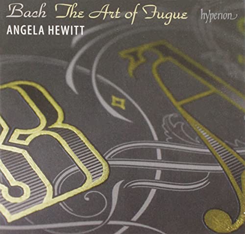 CD cover for Angela Hewitt’s Bach: The Art of Fugue, dark background.