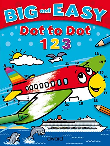 Dot to dot activity book cover with an airplane, sun, and ocean scene.