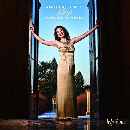 Angela Hewitt in gold gown stands in doorway, album cover.