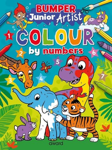 Colour by numbers book cover featuring cartoon animals and art supplies.