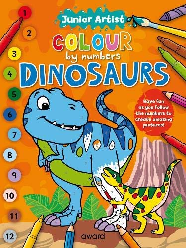 Junior Artist Colour by Numbers Dinosaurs book cover featuring a blue and yellow dinosaur.