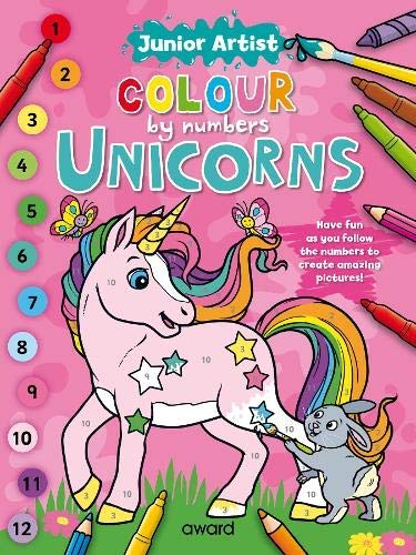 Colour by numbers book cover featuring a pink unicorn and a rabbit on pink background.