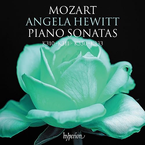 CD cover for Angela Hewitt’s Mozart piano sonatas with a teal rose.
