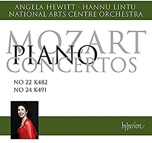 CD cover for Mozart piano concertos featuring Angela Hewitt’s portrait.