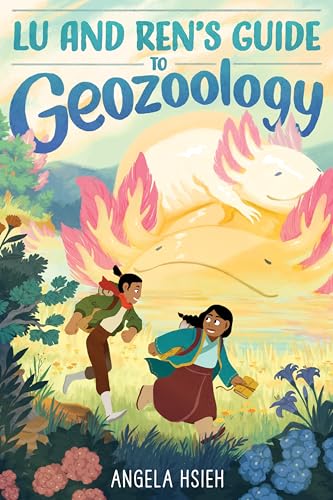 Two children run through a meadow beneath a giant, glowing axolotl in this illustration.